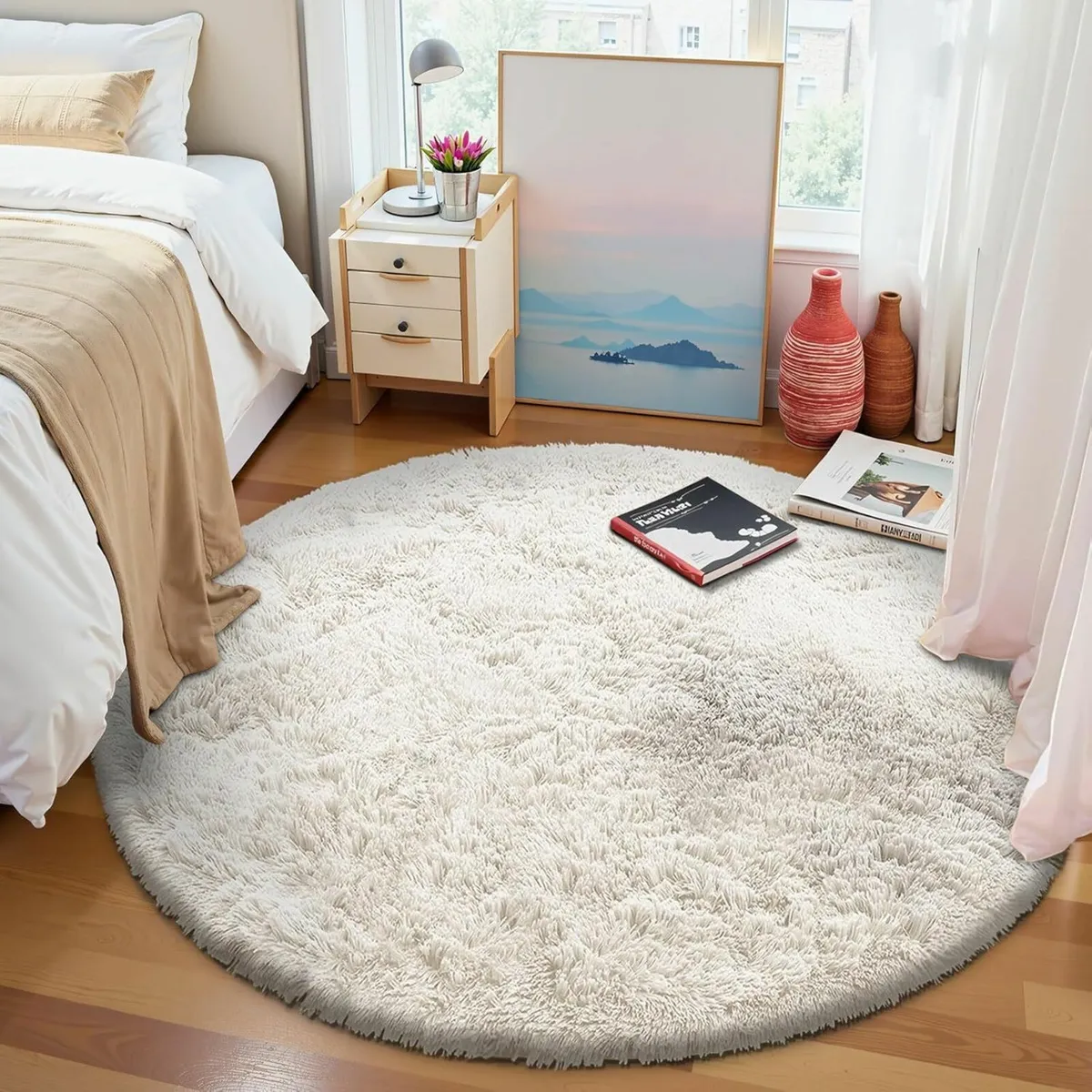 Round Cream Rug 120cm Fluffy Shaggy - Image 4