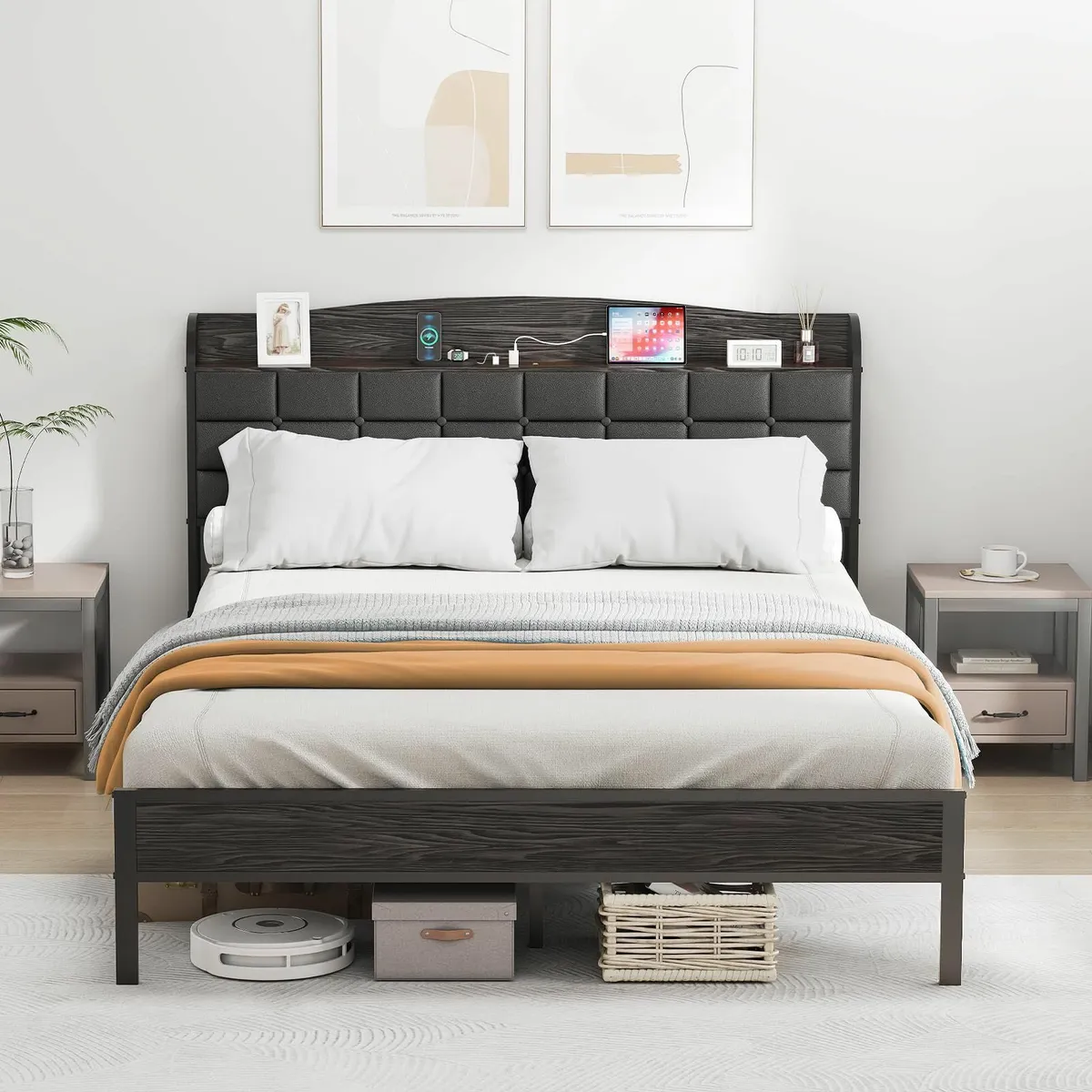 Double Bed Frame with Charging Station Upholstered - Image 1