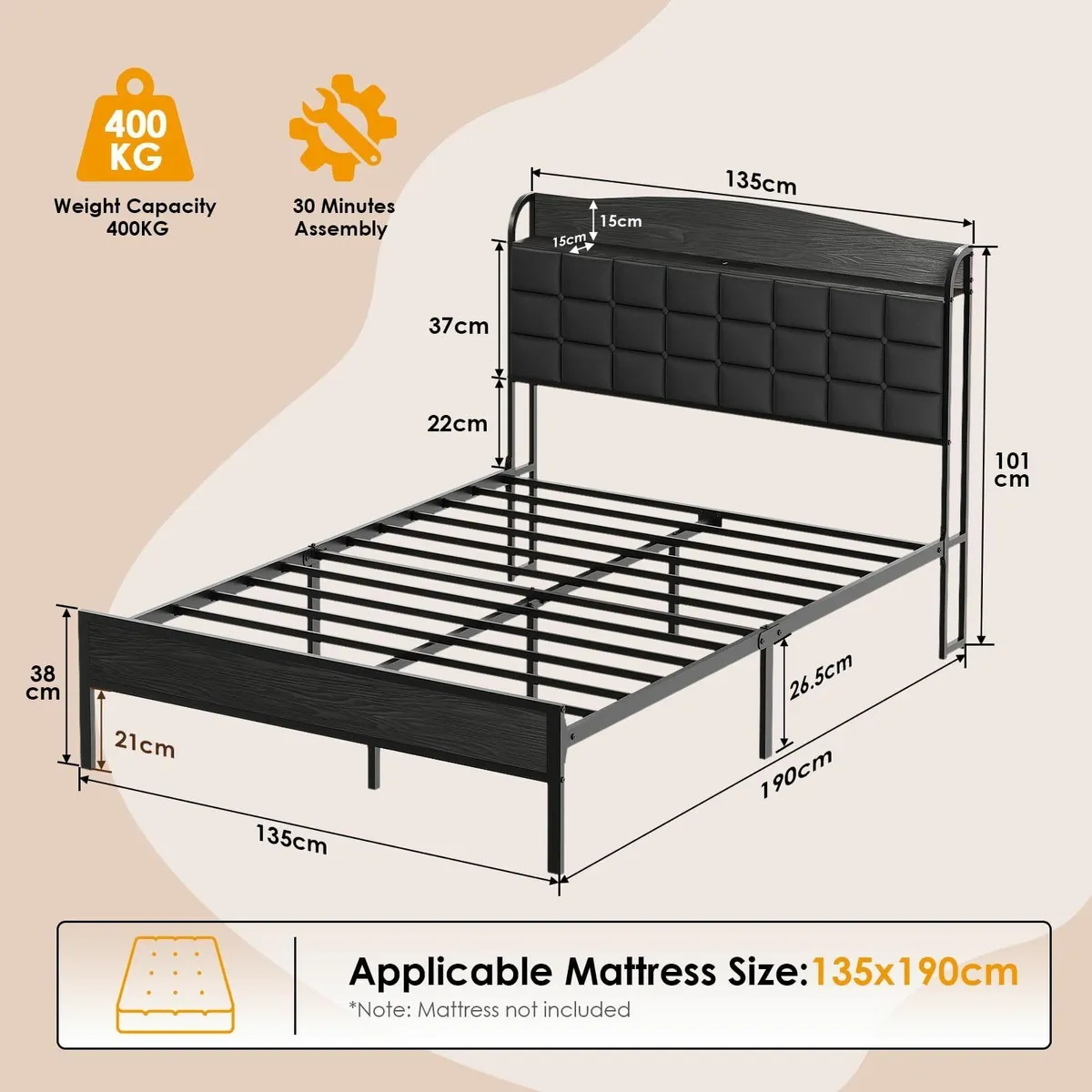 Double Bed Frame with Charging Station Upholstered - Image 2