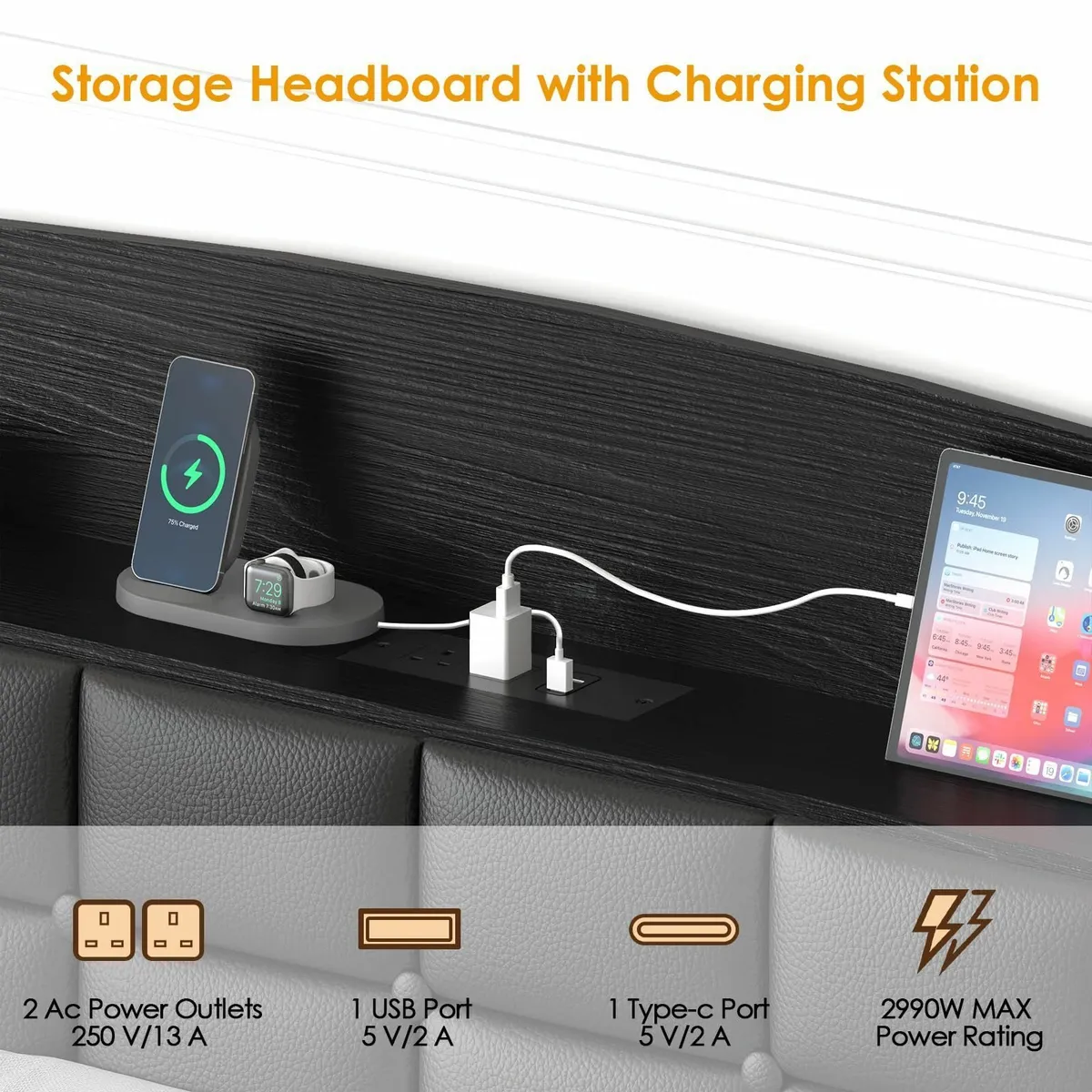 Double Bed Frame with Charging Station Upholstered - Image 3