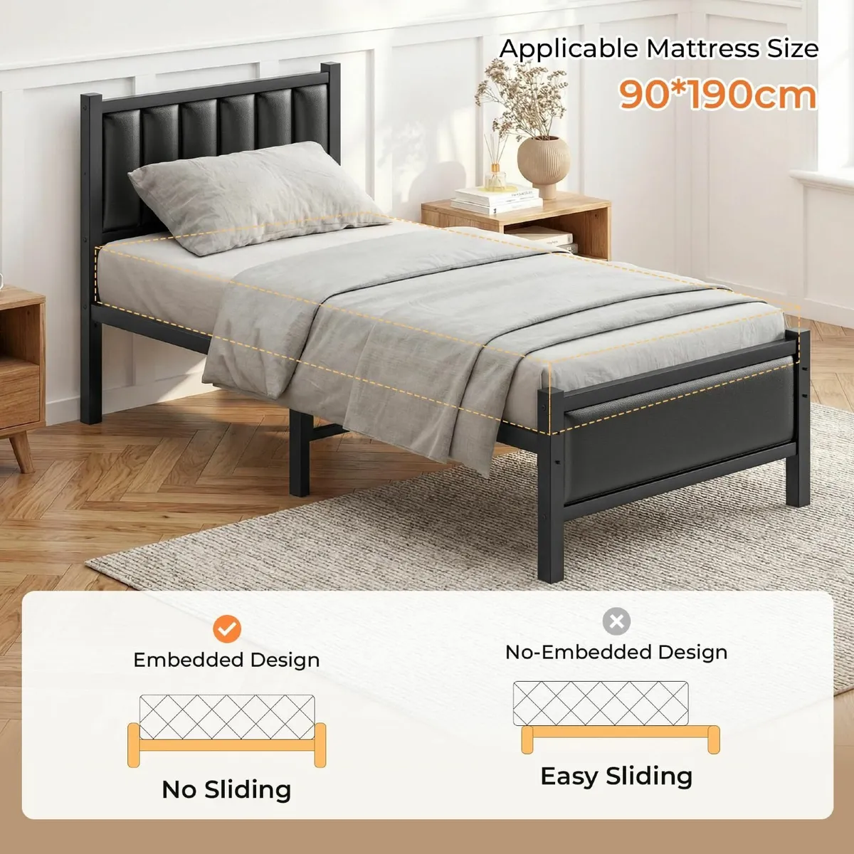 Single Bed Frame with Upholstered Headboard 3ft - Image 4