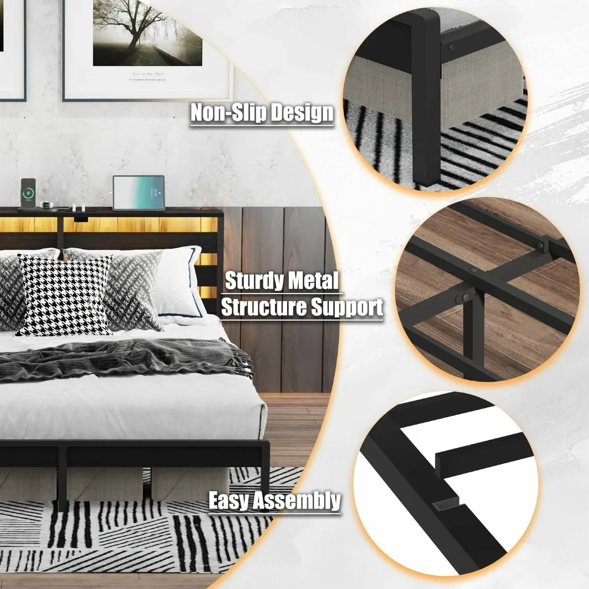 Double Metal Bed Frame with USB Charging Station - Image 4