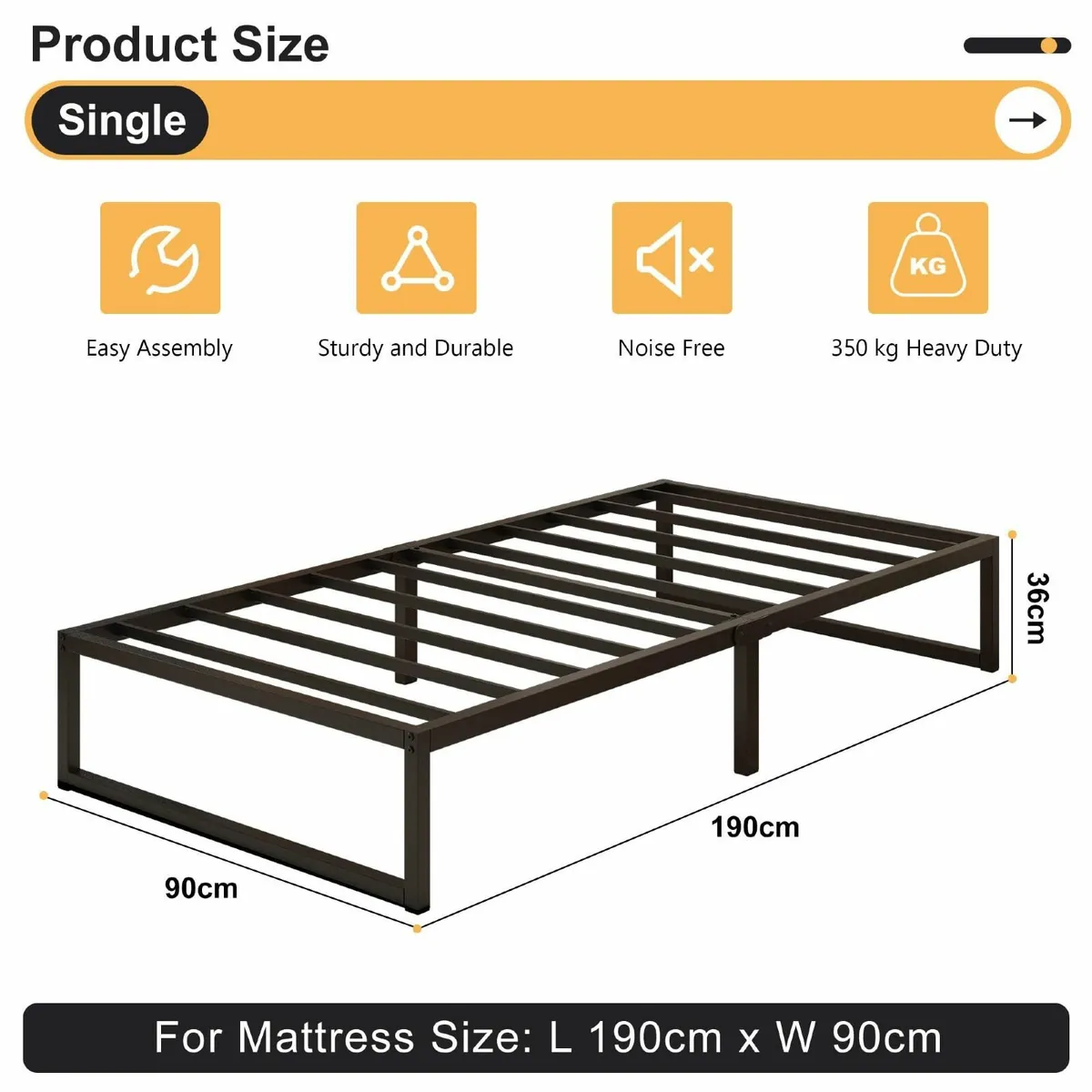 Single Bed Frame 90x190 cm Metal Platform with - Image 2
