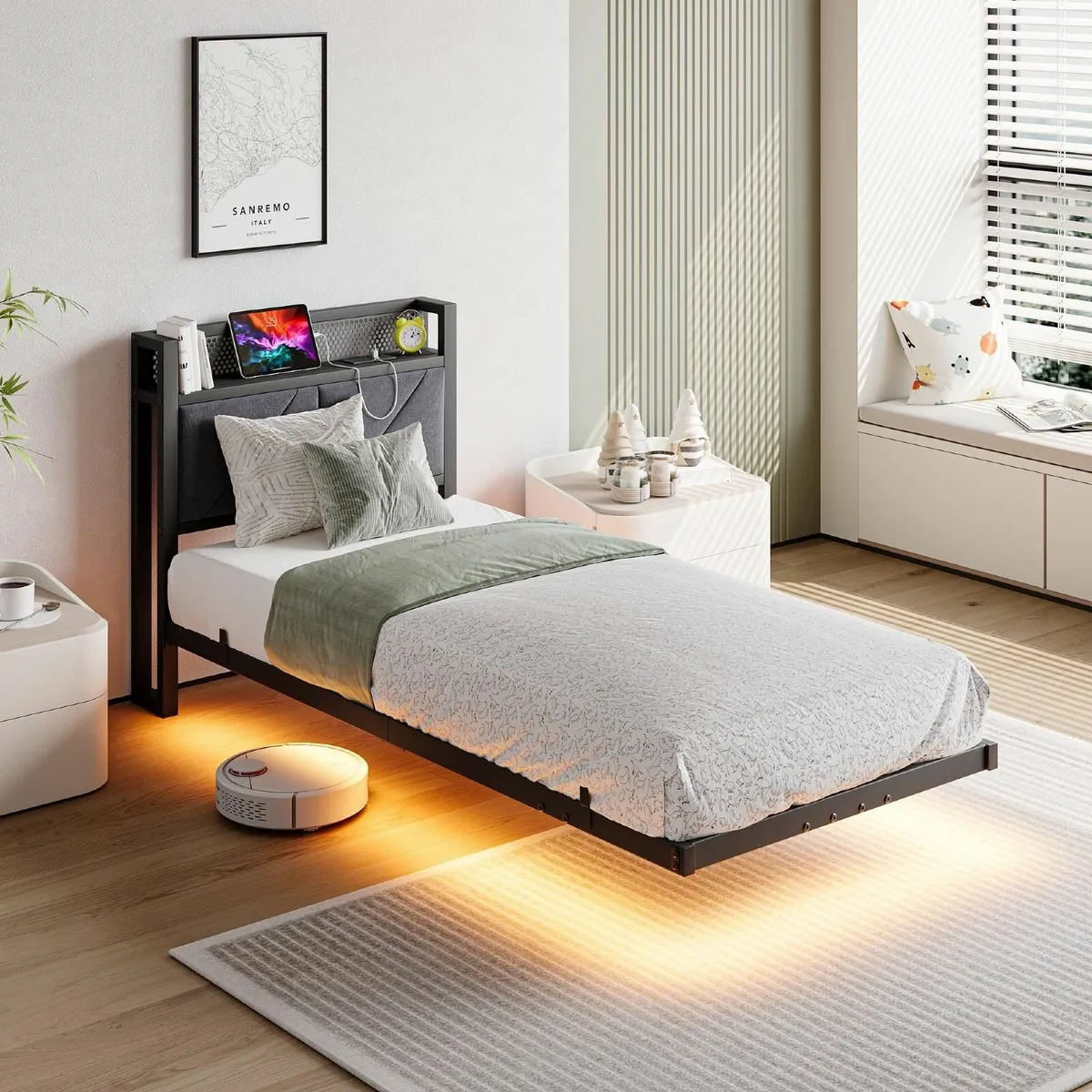 Floating Single Bed Frame with LED Lights USB - Image 1