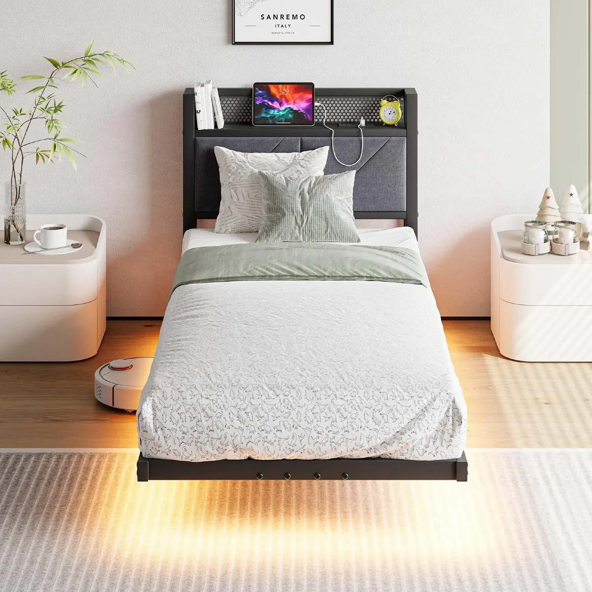 Floating Single Bed Frame with LED Lights USB - Image 3