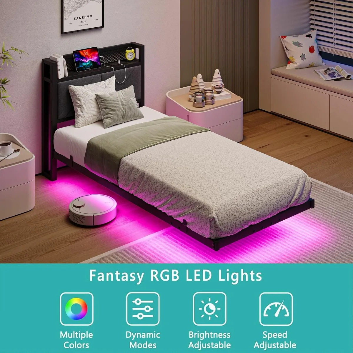 Floating Single Bed Frame with LED Lights USB - Image 4