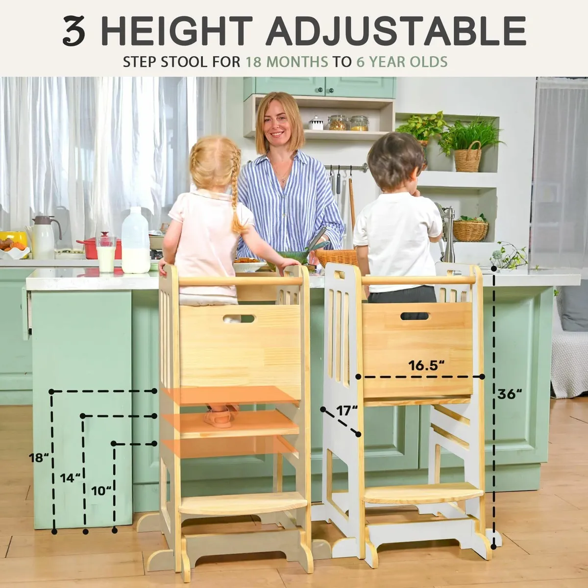 Wooden 3-Height Adjustable Toddler Learning Tower - Image 3