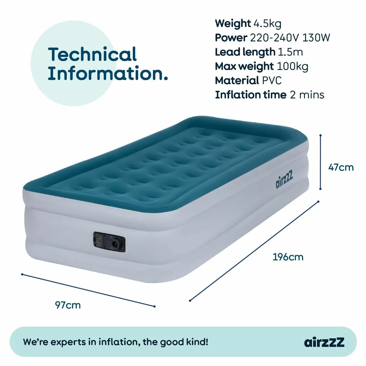 Slumber Plus Air Bed - Single High Raise Flocked - Image 2