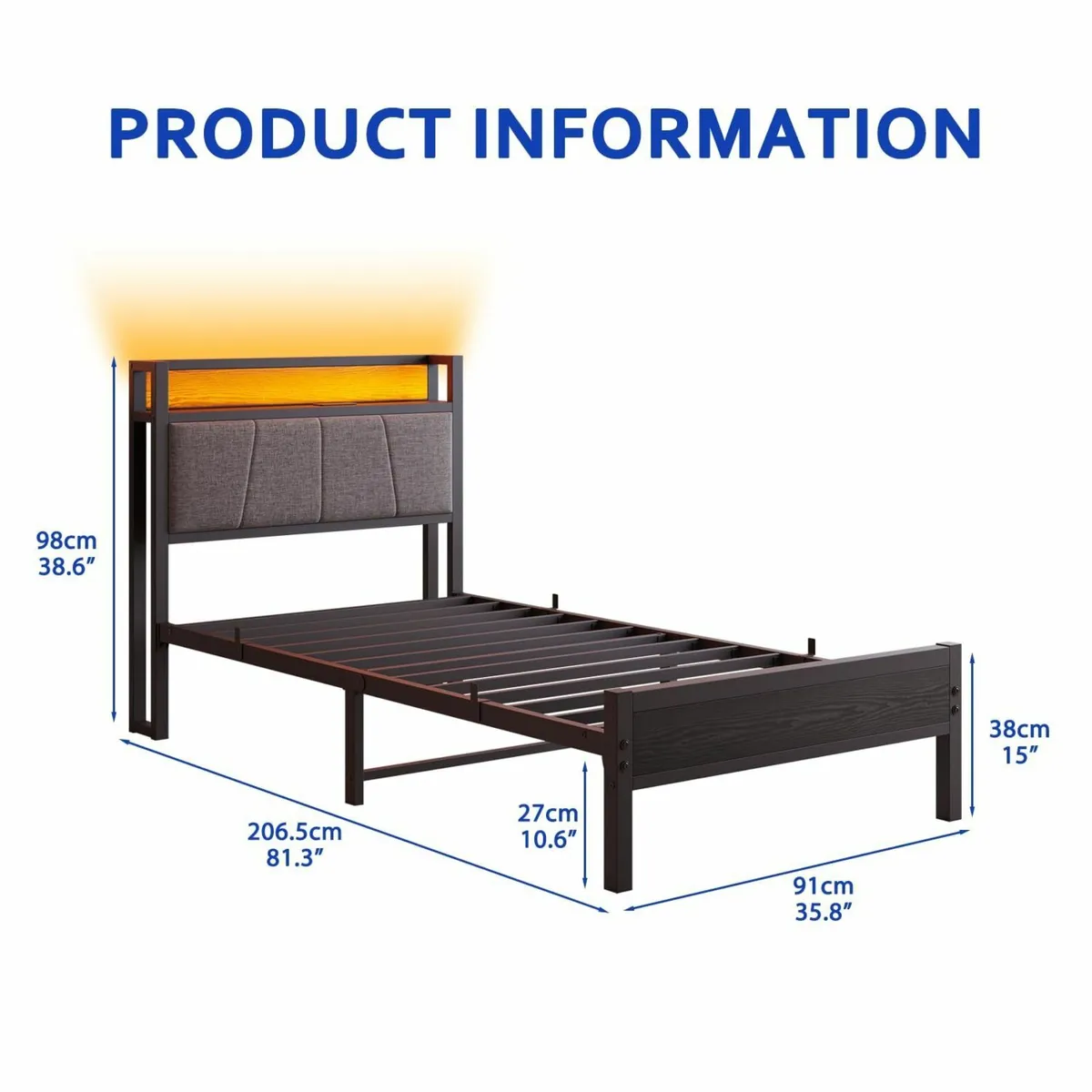 3ft Single Bed Frame with Storage Headboard LED - Image 2