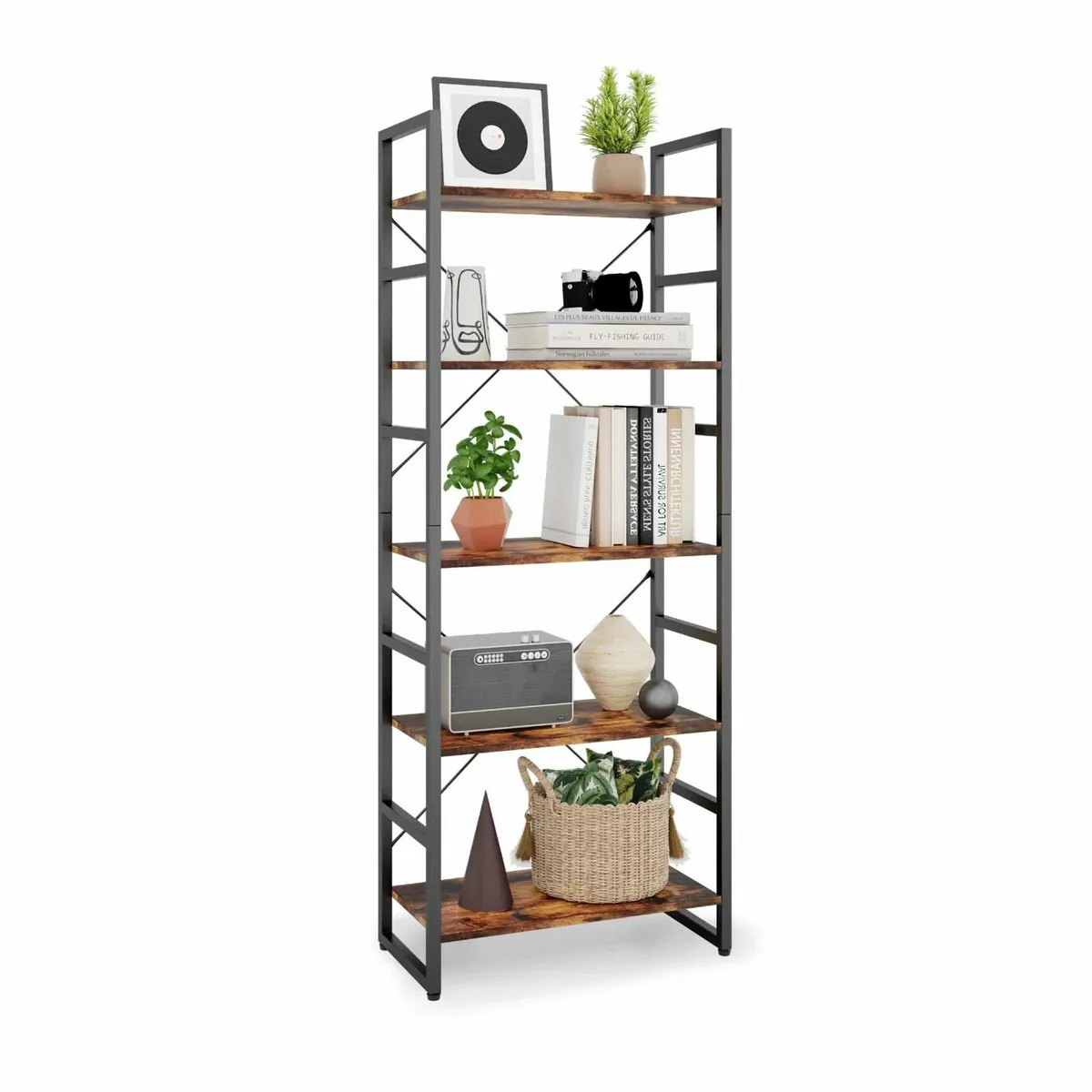 5 Tier Bookshelf Standing Bookcase with 2 X-shape - Image 1