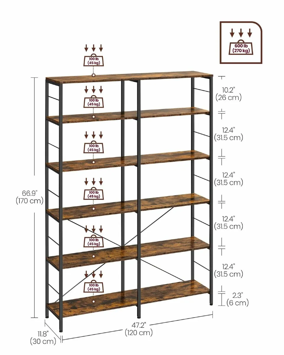 6-Tier Bookshelf Shelving Unit Tall Storage Shelf - Image 3