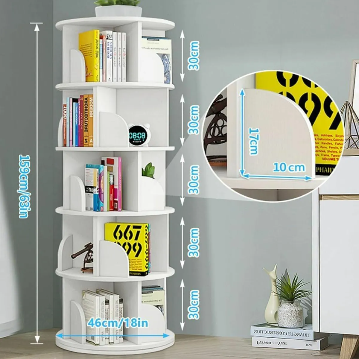 5 Tier Rotating Bookshelf Round White Revolving - Image 2