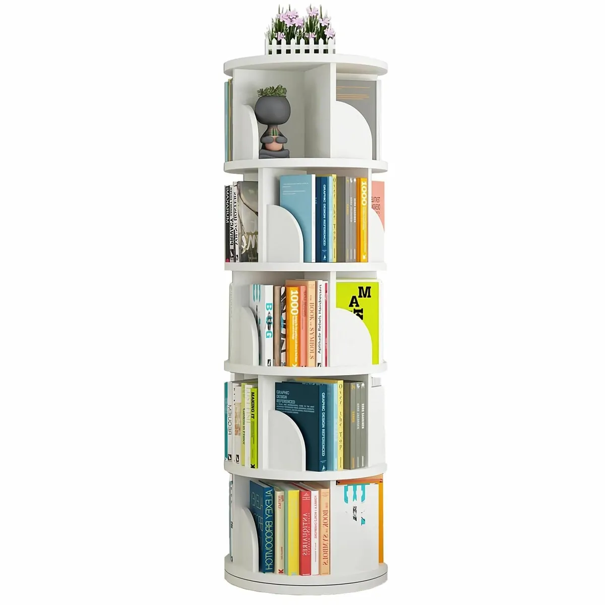 5 Tier Rotating Bookshelf Round White Revolving - Image 3