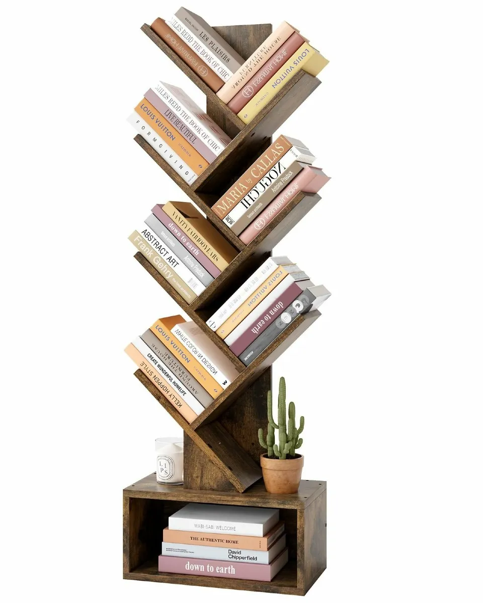 6 Tier Tree Bookshelf Tall Bookcase with Drawer - Image 1