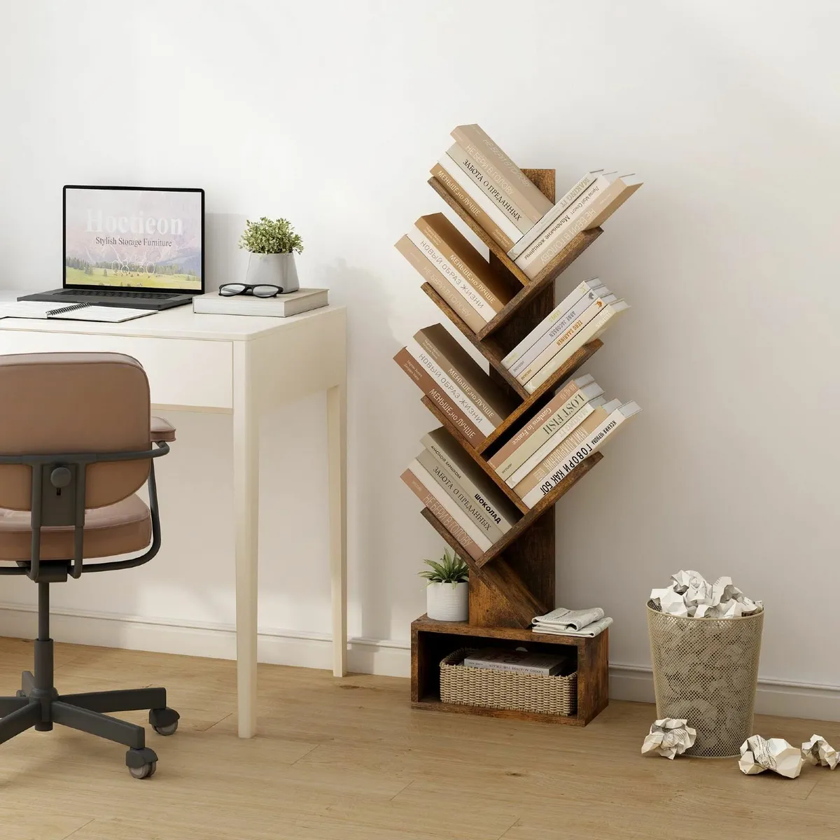 6 Tier Tree Bookshelf Tall Bookcase with Drawer - Image 2