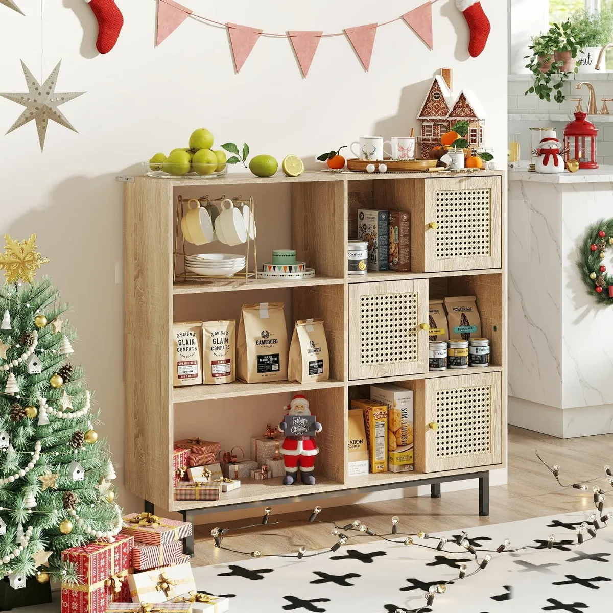 Rattan Bookcase Storage Sideboard Cabinet with - Image 1