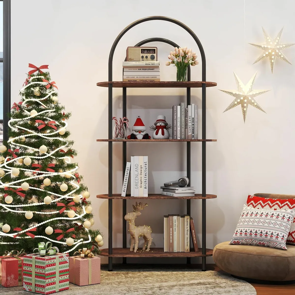 4-Tier Arched Bookshelf Bookcase with Metal Frame - Image 1