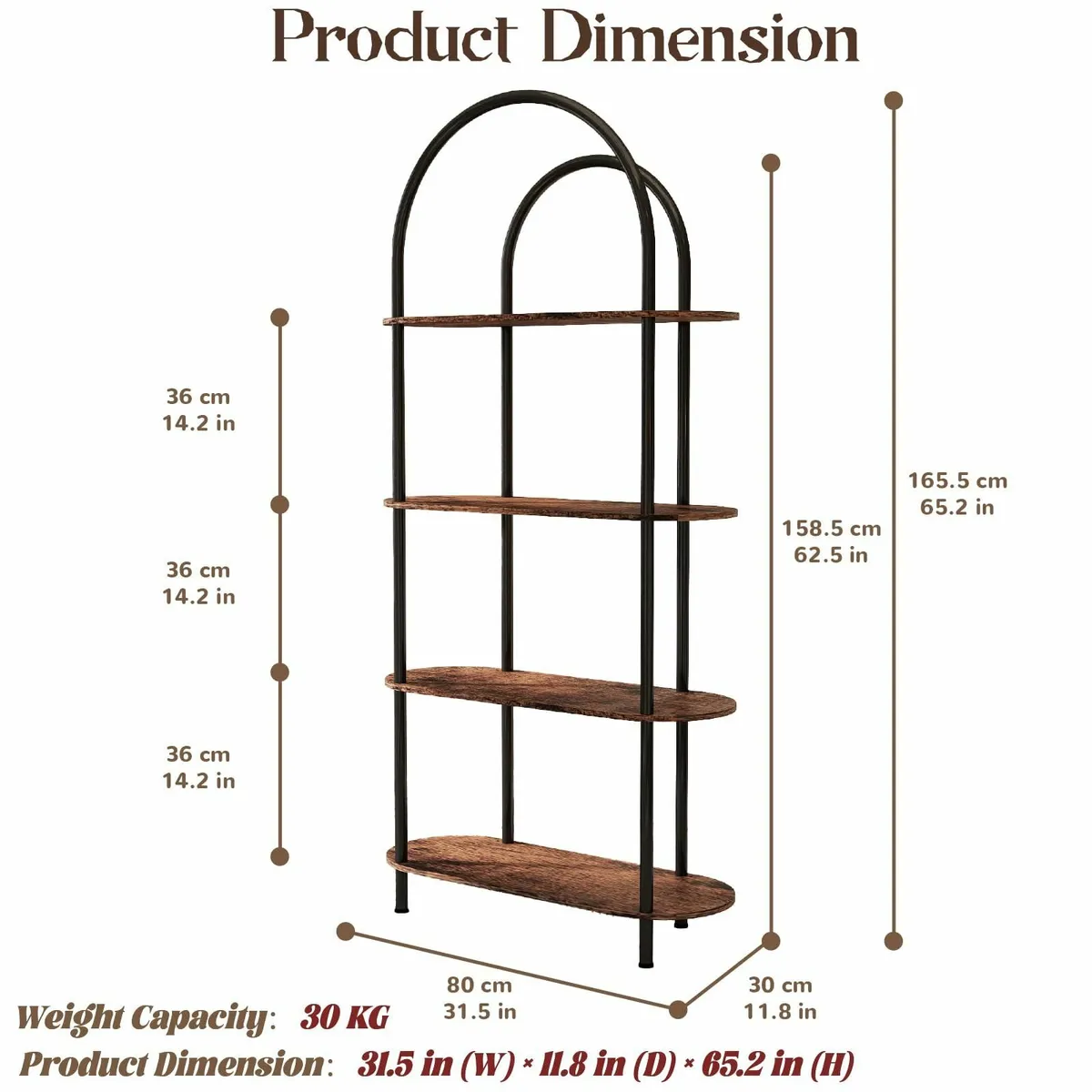 4-Tier Arched Bookshelf Bookcase with Metal Frame - Image 2