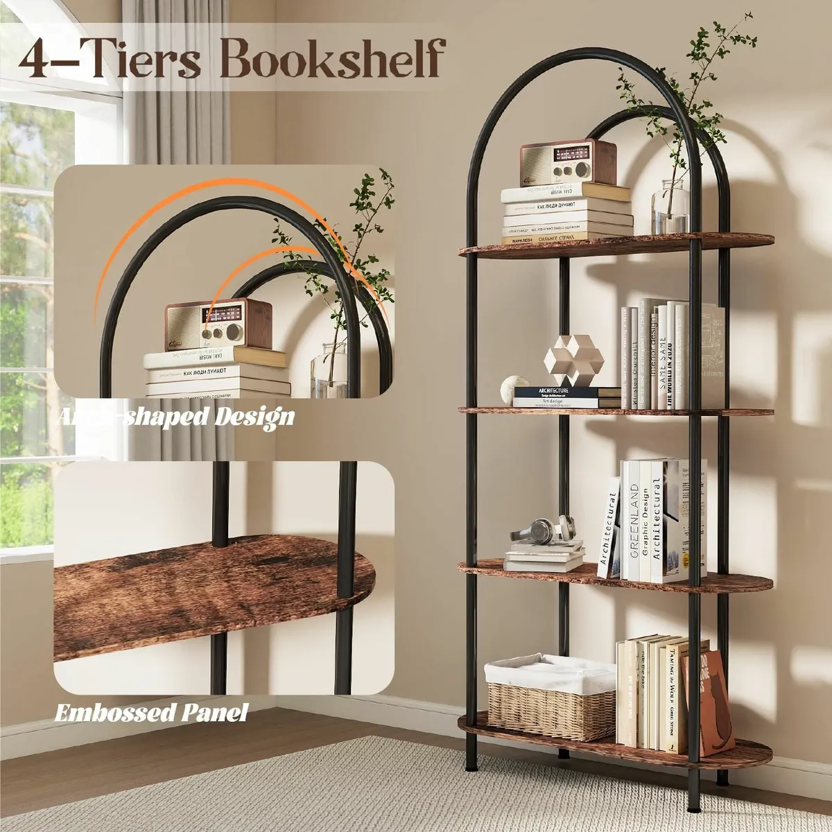 4-Tier Arched Bookshelf Bookcase with Metal Frame - Image 4