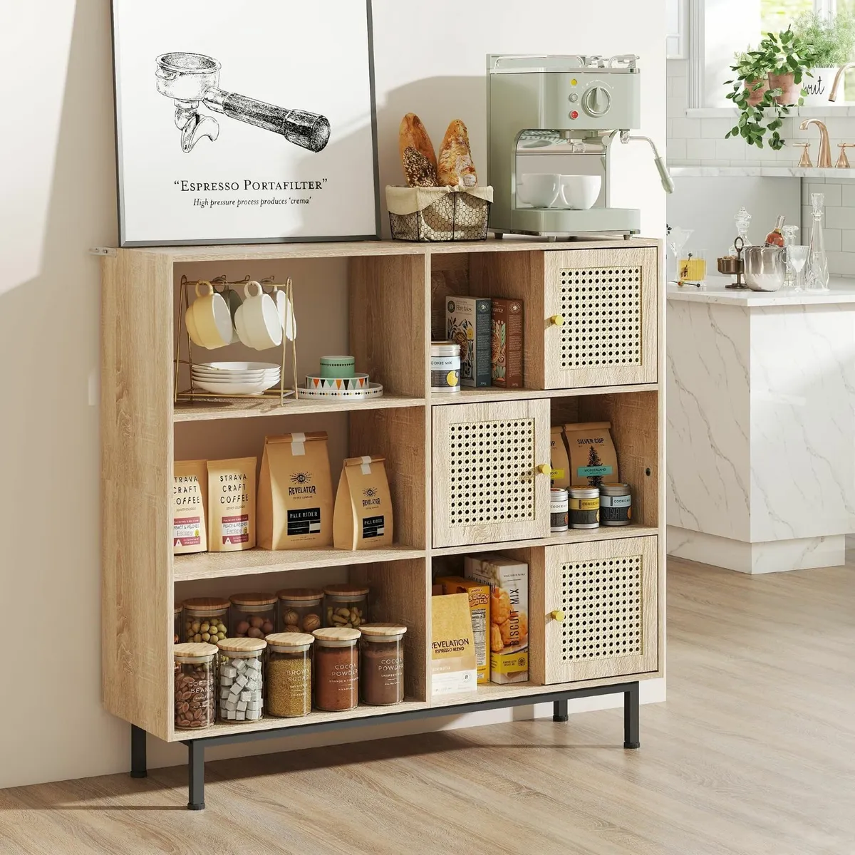 Rattan Bookcase Storage Sideboard Cabinet with - Image 3