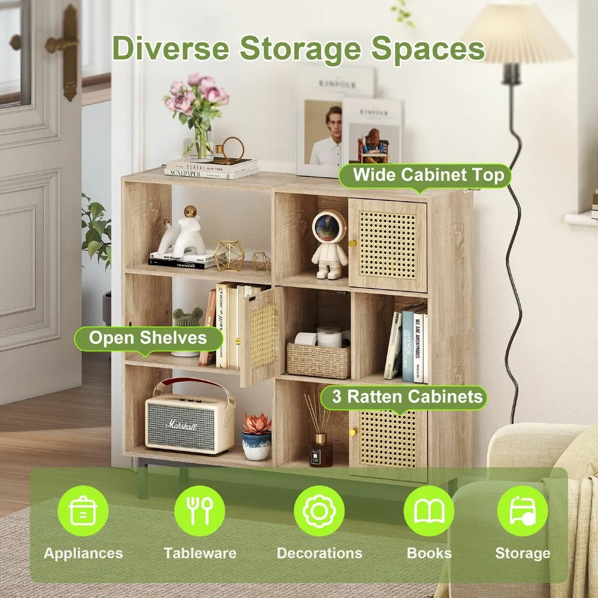 Rattan Bookcase Storage Sideboard Cabinet with - Image 4