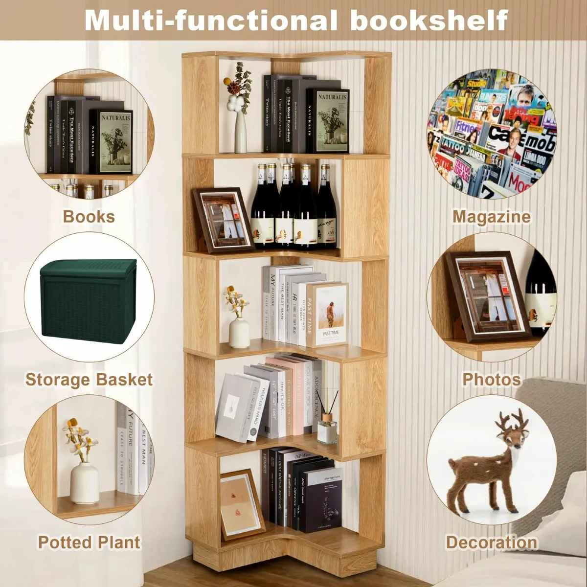 5 Tiers Book Shelf Corner Bookcase Unit Freestandi - Image 4