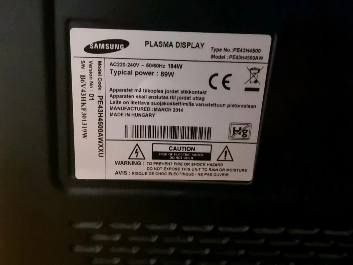 Samsung 40" Plasma TV, Model PE43H4500AW - Image 3
