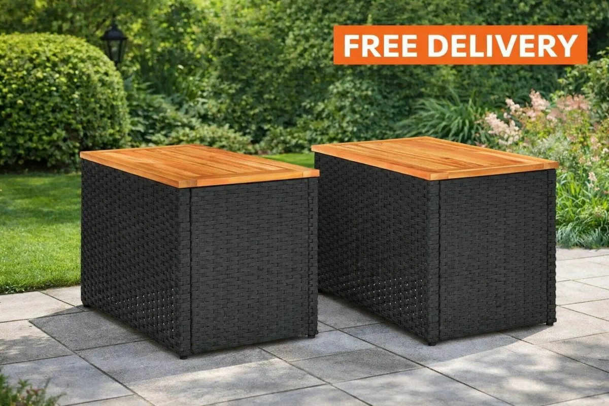 Garden Side Tables Set of 2 Poly Rattan Wood Top O - Image 1