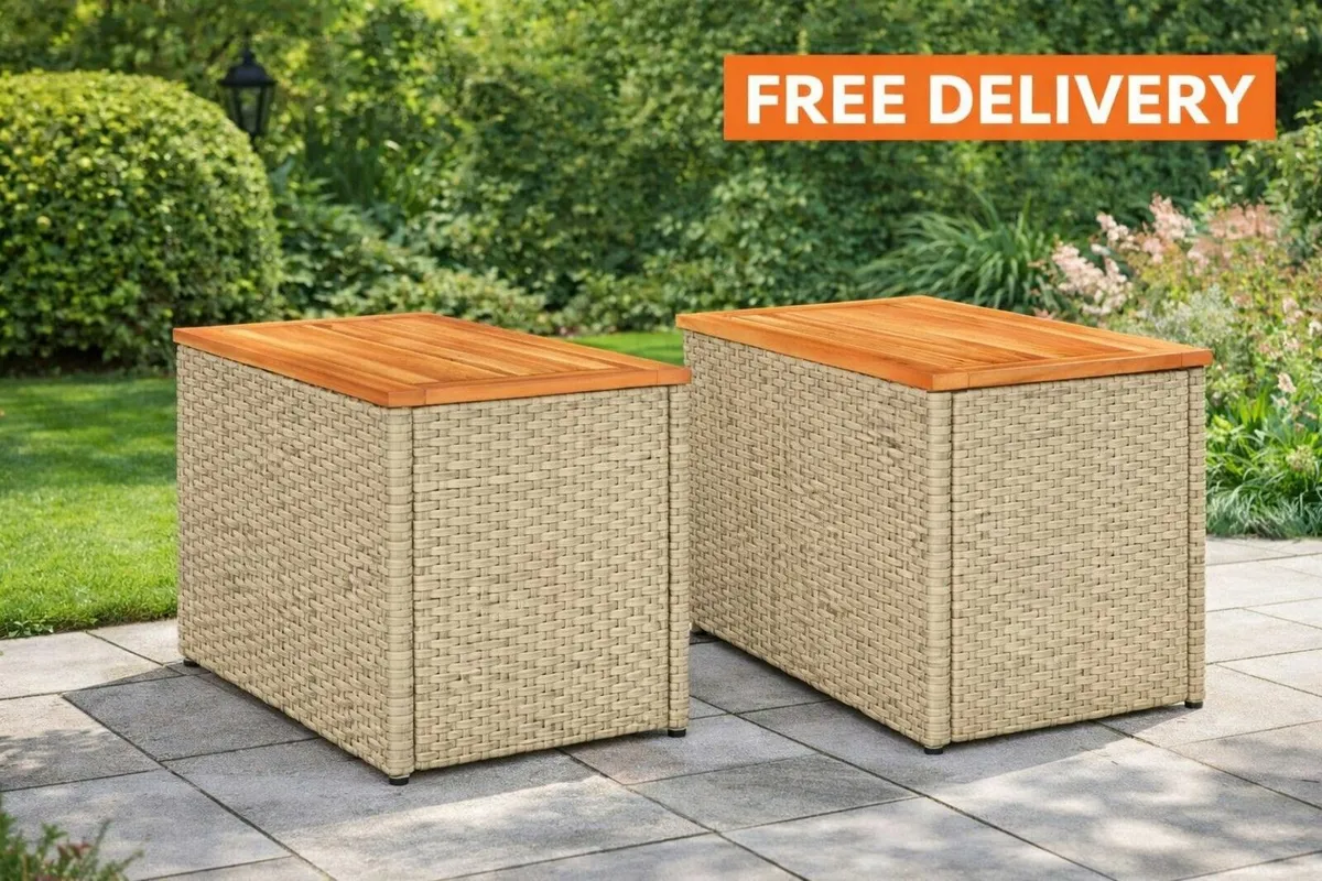 Garden Side Tables Set of 2 Poly Rattan Wood Top O - Image 1