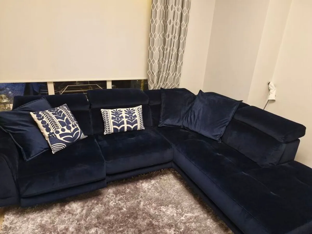 L shaped Navy Velvet Couch - Image 1