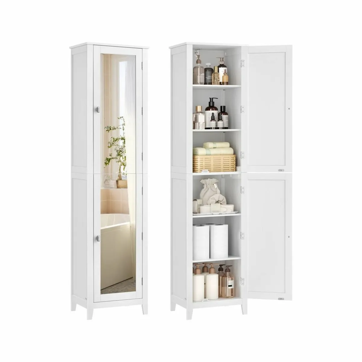 Tall Bathroom Cabinet with Full Length Mirror Whit - Image 1