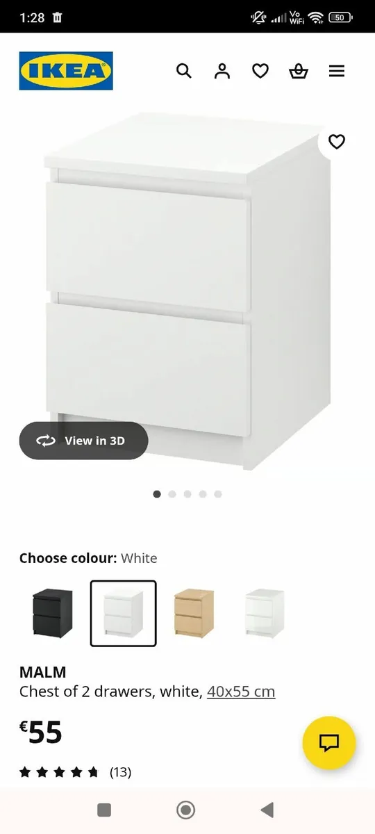 Ikea white nightstand chest with two drawers (malm - Image 1
