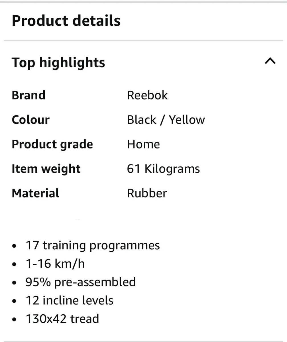 Reebok GT30 treadmill 1-16km / 1-12% incline - Image 2