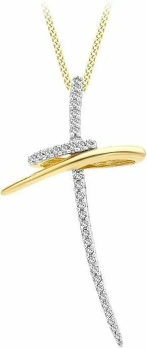 9Ct Gold 0.2Ct Diamond Cross Pendant & Chain NEW - Image 1
