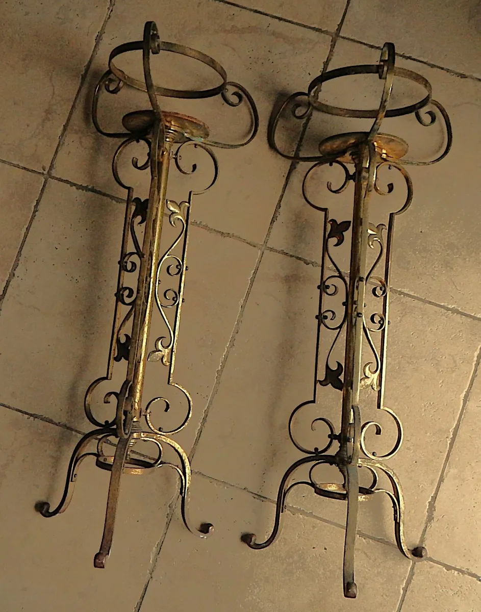 Pair of Ornate Vintage Brass Church Plant Stands - Image 2
