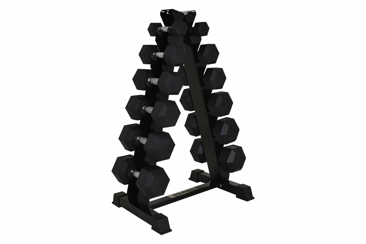 Rubber Hex Dumbbell Set 2.5kg-15kg with Rack - Gym - Image 1
