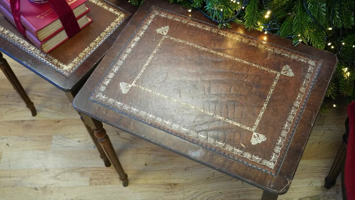 Vintage Nest of Tables with Tooled Leather Tops - Image 2