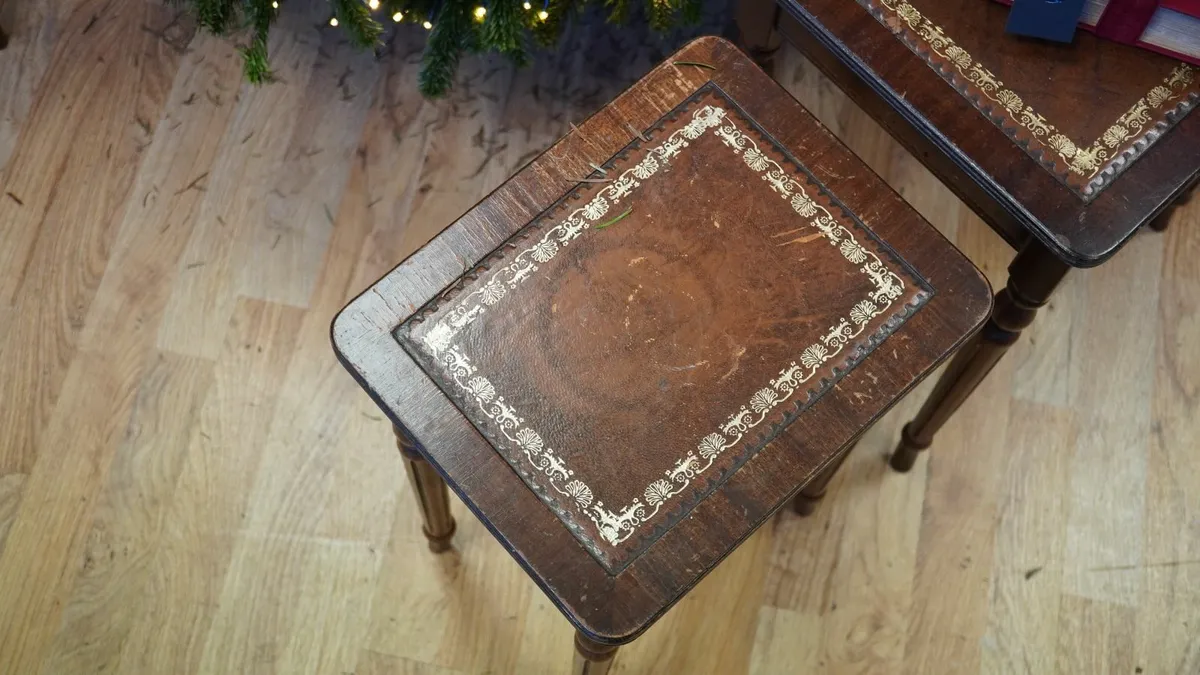 Vintage Nest of Tables with Tooled Leather Tops - Image 4
