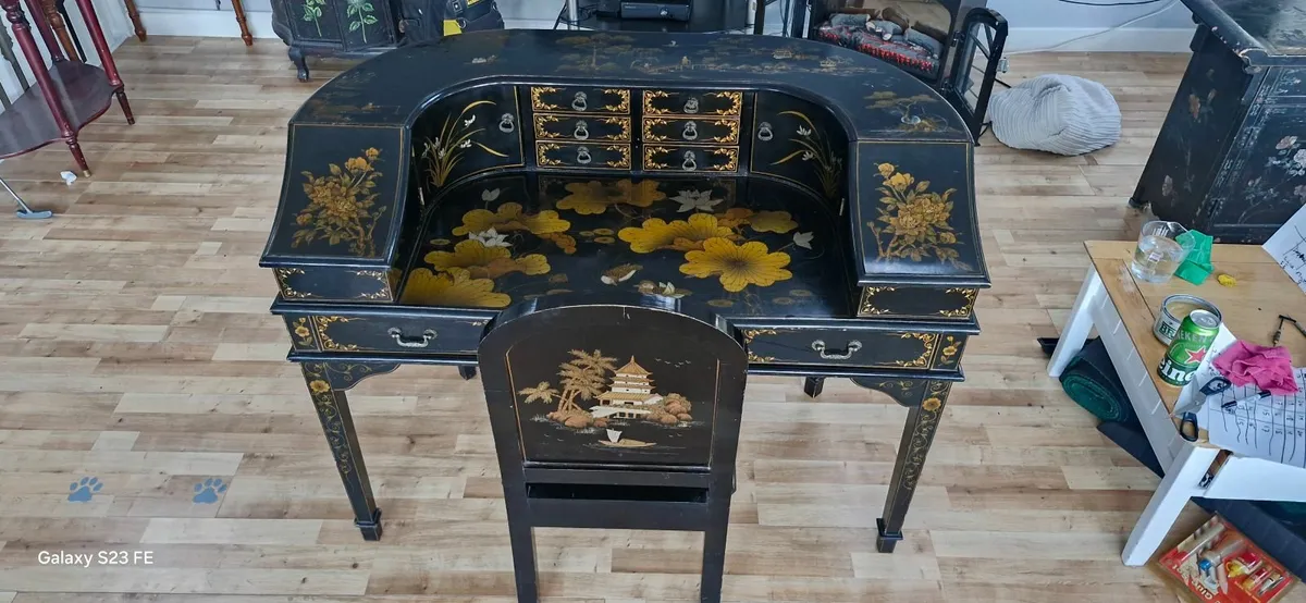 Chinoiserie Writing Desk and Chair - Black & Gold - Image 4