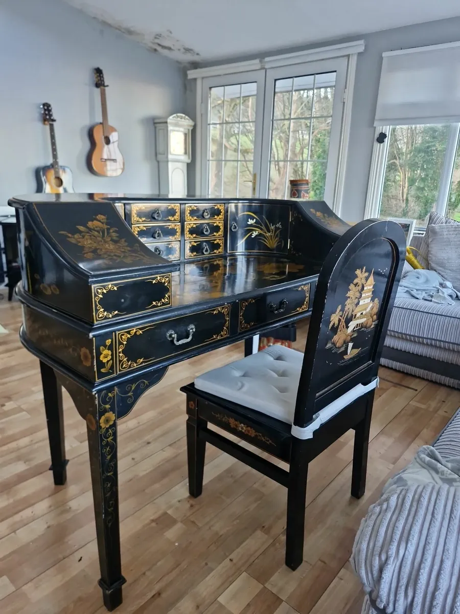 Chinoiserie Writing Desk and Chair - Black & Gold - Image 3