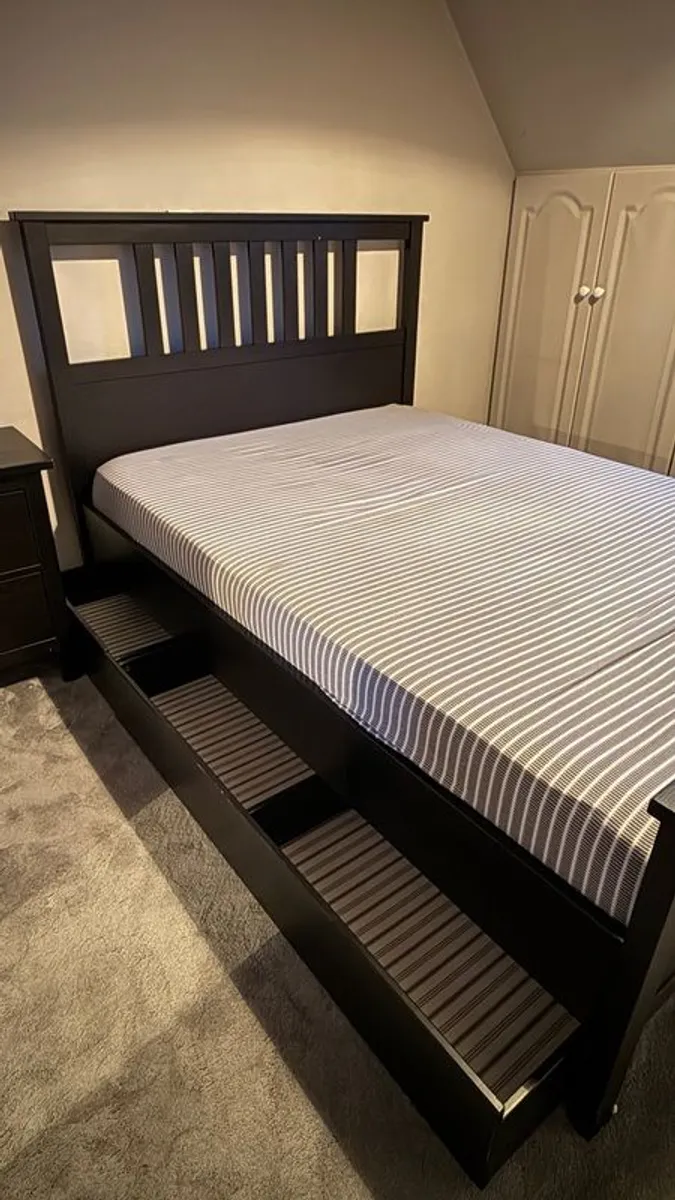 IKEA Hemnes Double Bed + Mattress + Storage Drawer (6 compartments) + Bedside Table - Image 1