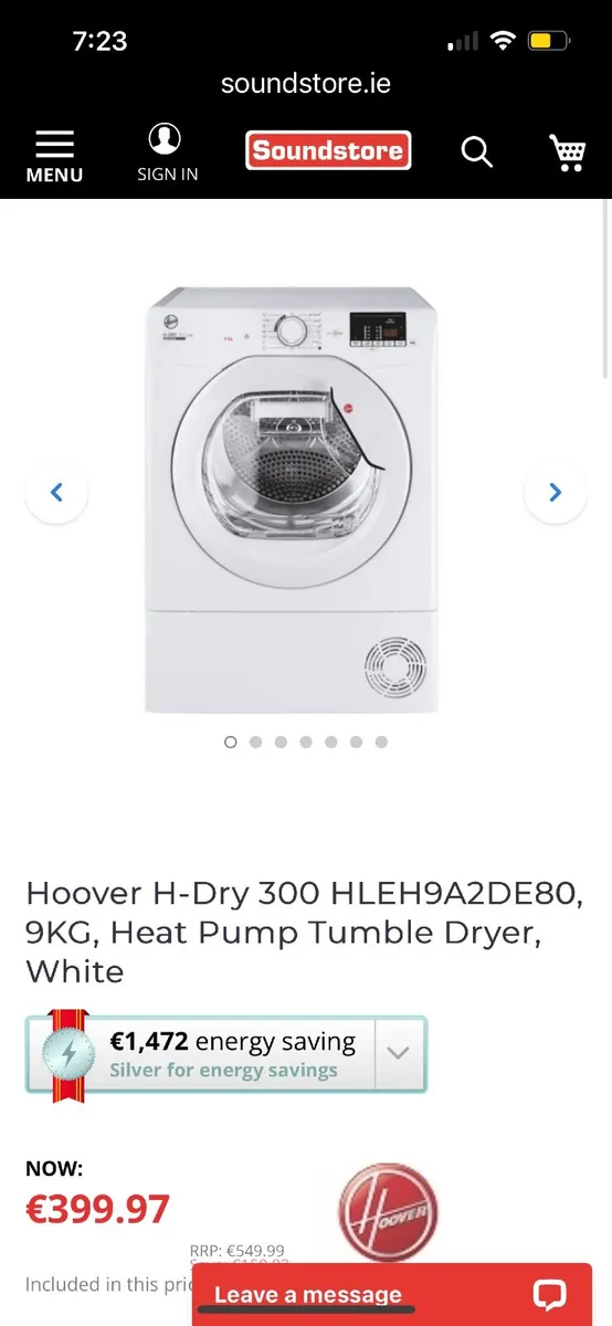 Tumble Dryer-NEW-  Hoover heat pump 9kg - Image 1
