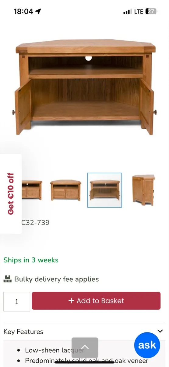 Corner Oak TV Unit,Like New only 250-paid over500€ - Image 4