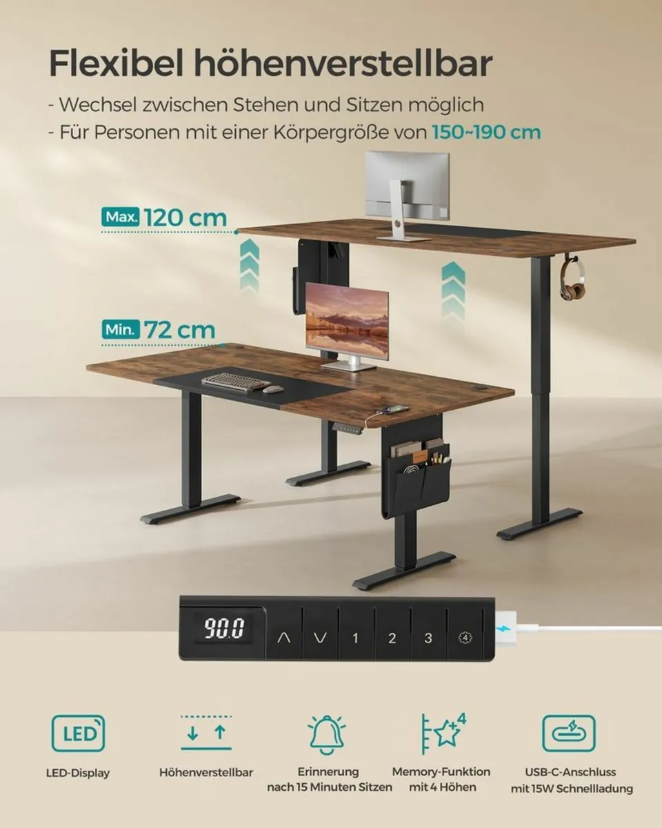 Electric Height Adjustable Desk 180 x 80 cm XL Vin - Image 2