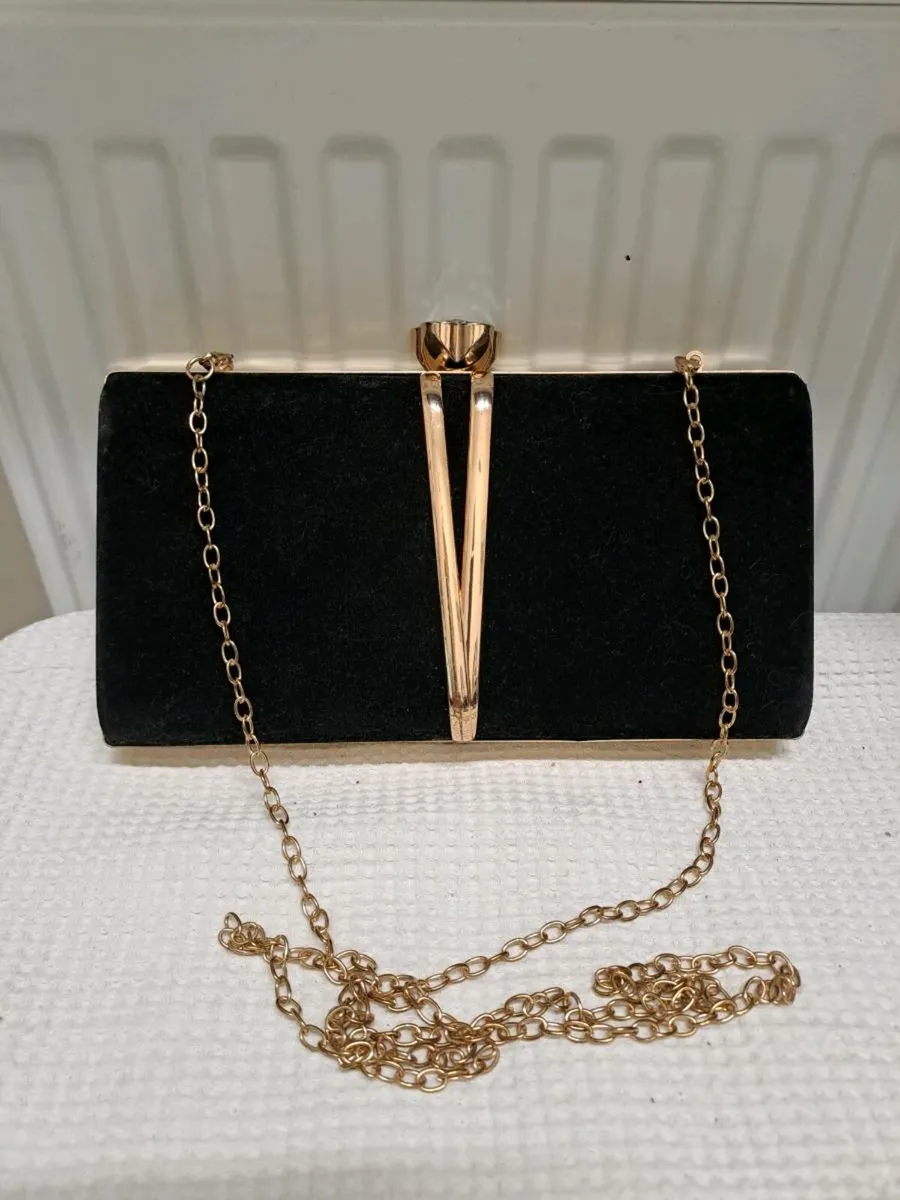 Black Velvet Evening Clutch Bag with Gold Chain - Image 1