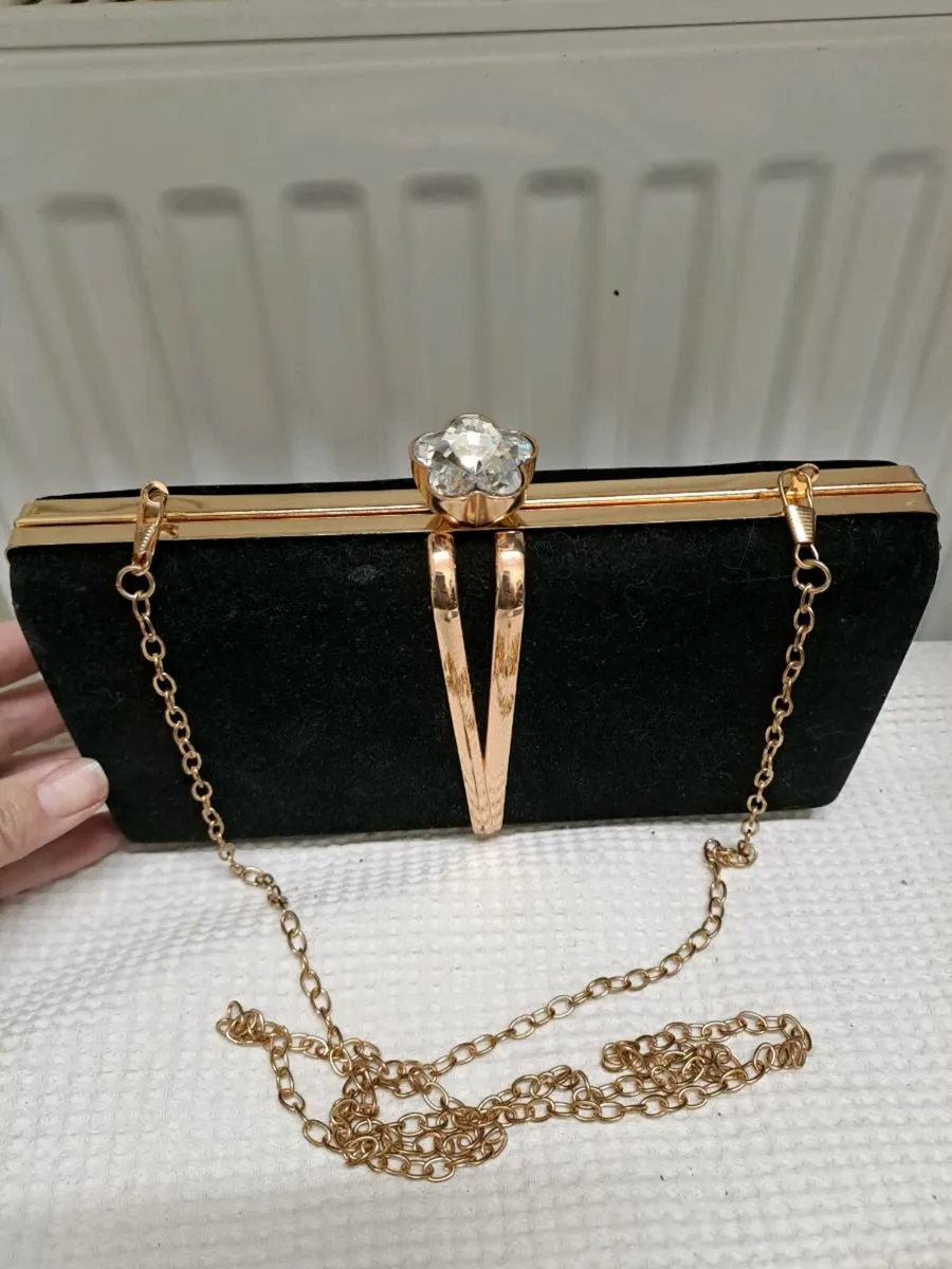 Black Velvet Evening Clutch Bag with Gold Chain - Image 2