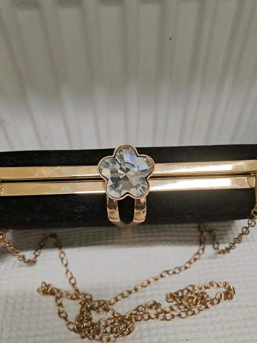 Black Velvet Evening Clutch Bag with Gold Chain - Image 3