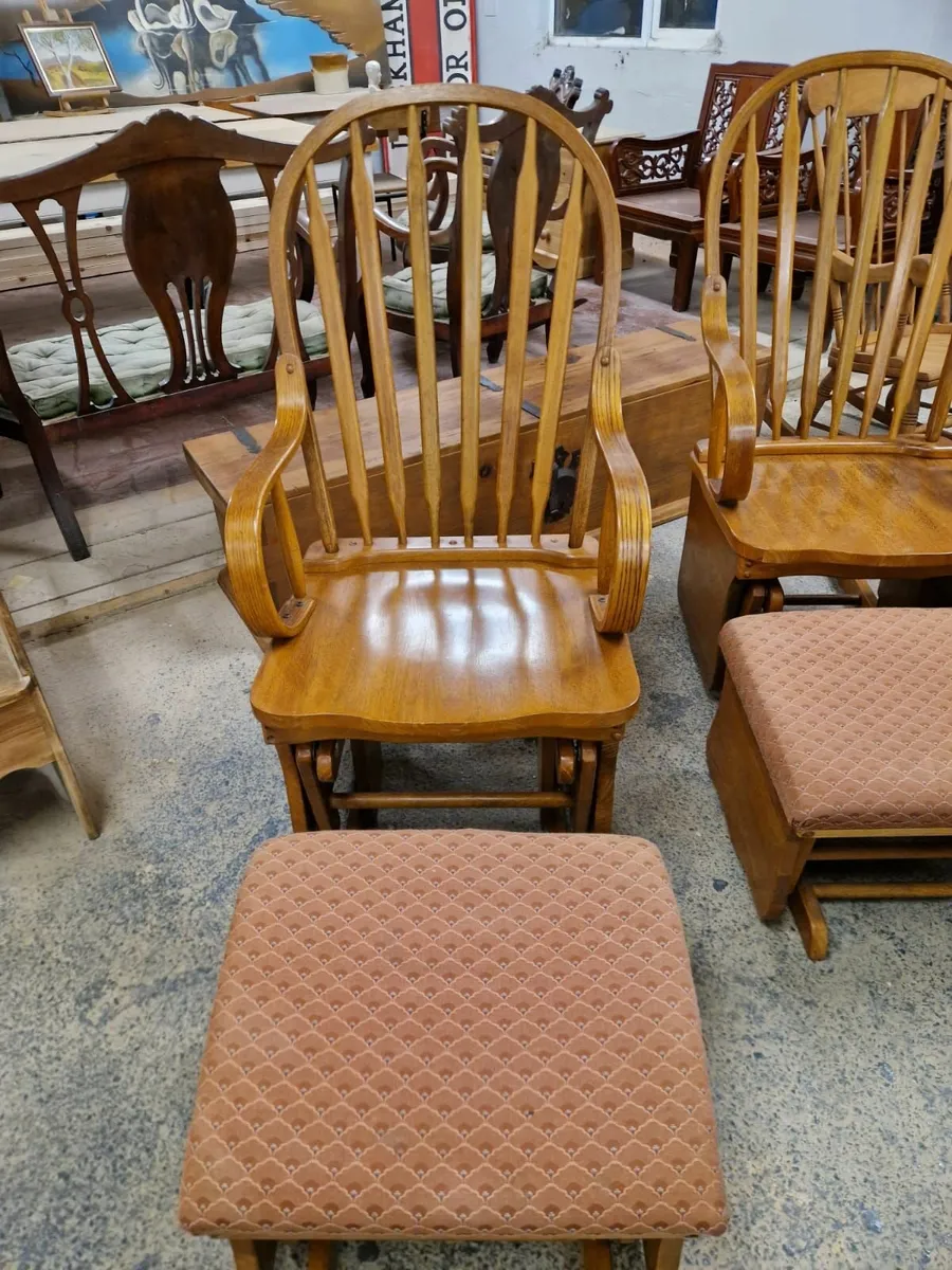 Pair vintage oak glider, rocking chairs, stool - Image 4