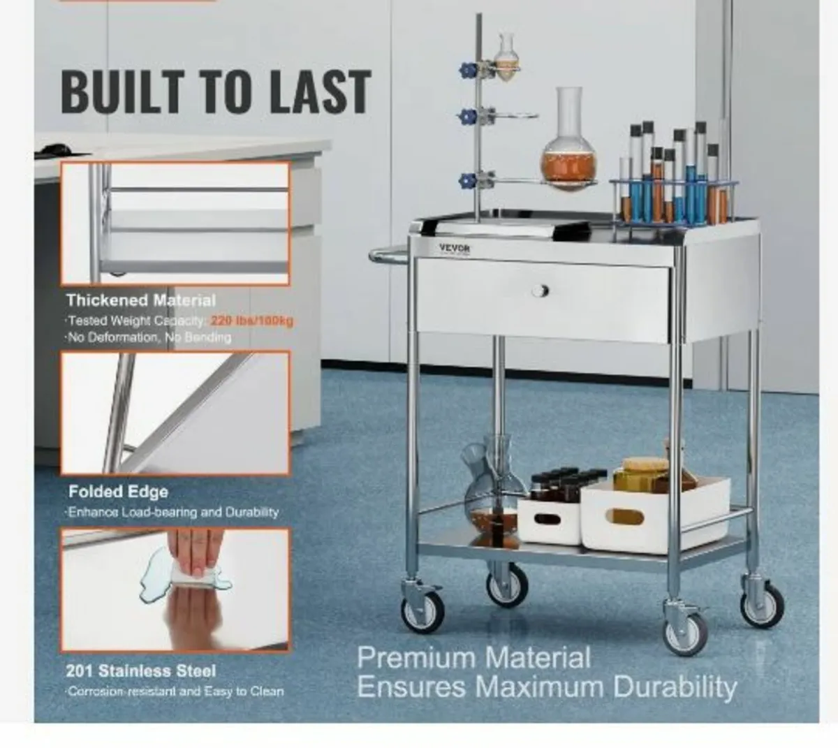 Medical Cart, 2 Layers Stainless Steel Cart - Image 2