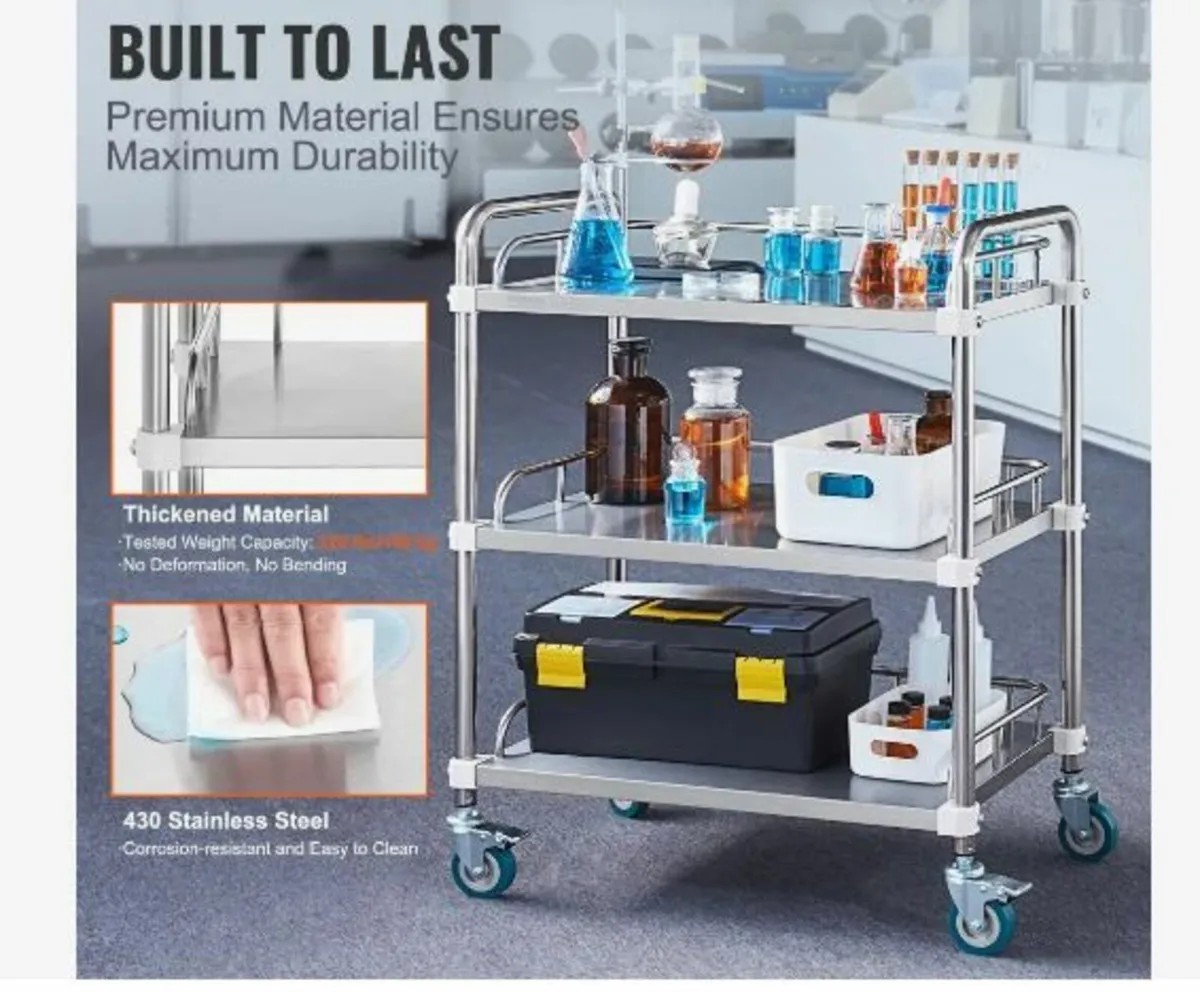 Lab Rolling Cart, 3-Shelf Stainless Steel - Image 2